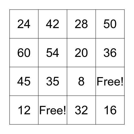 Multiplication Bingo Card