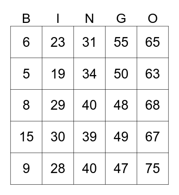 Number Bingo 1-75 Bingo Card