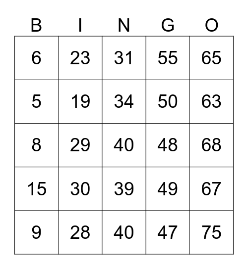 Number Bingo 1-75 Bingo Card