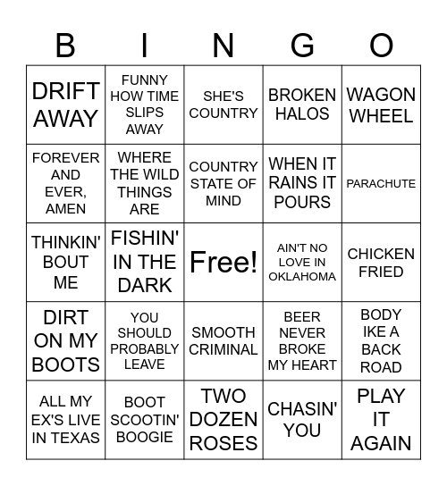 COUNTRY HITS COVERALL Bingo Card