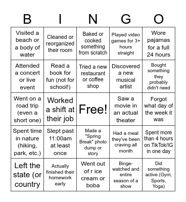 Spring Break Bingo Card