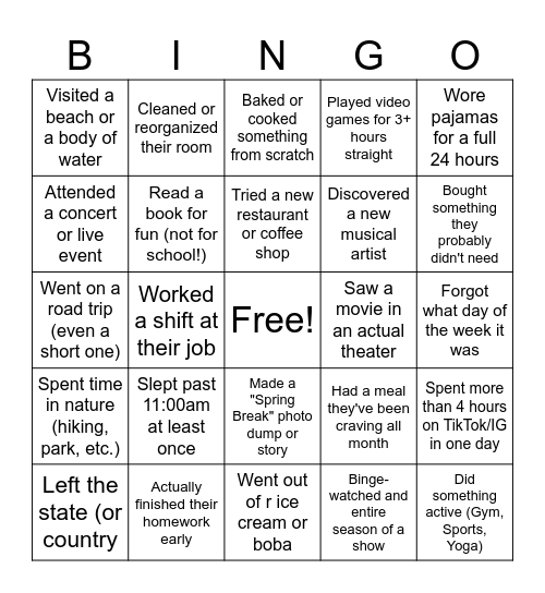Spring Break Bingo Card