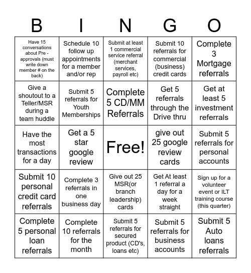 Quarter 2 Teller Bingo Card