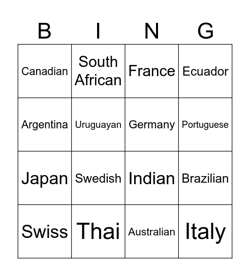 CONTRIES AND NATIONALITIES Bingo Card