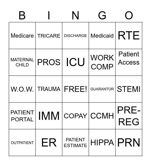 Patient Access Week Bingo Card
