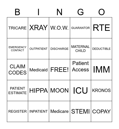 Patient Access Week Bingo Card