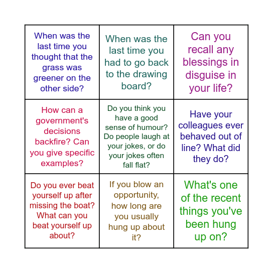 Regrets Bingo Card