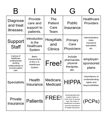 U.S. Healthcare System Civics Bingo Card