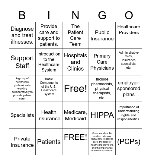 U.S. Healthcare System Civics Bingo Card