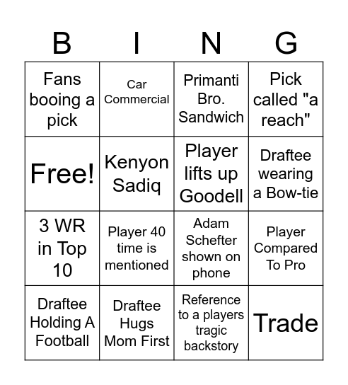 NFL DRAFT Bingo Card