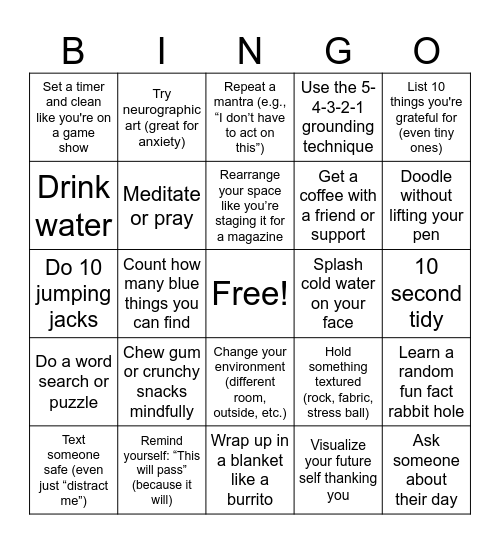 CRAFTY COPING SKILLS BINGO Card
