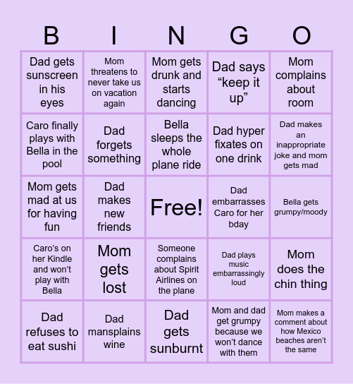 Vacation Bingo Card