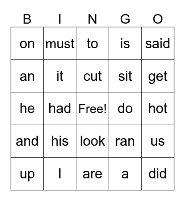 Heart Word Bingo Card