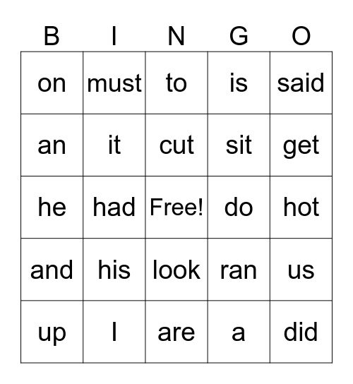 Heart Word Bingo Card