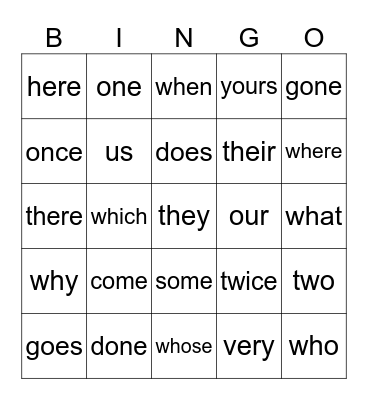 Sight Words Bingo Card