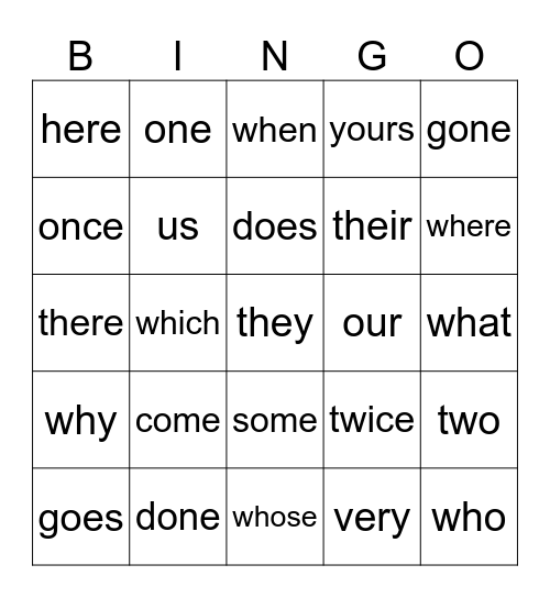 Sight Words Bingo Card