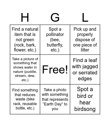 HGL Earth Day Bingo Card