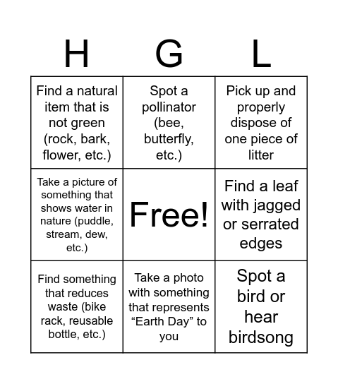 HGL Earth Day Bingo Card