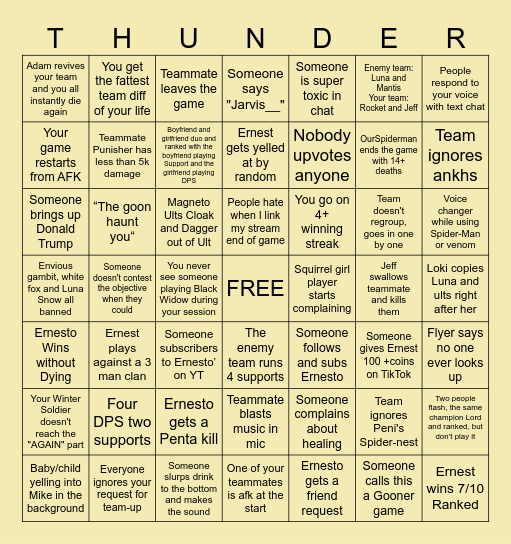 Marvel Rivals Bingo Card