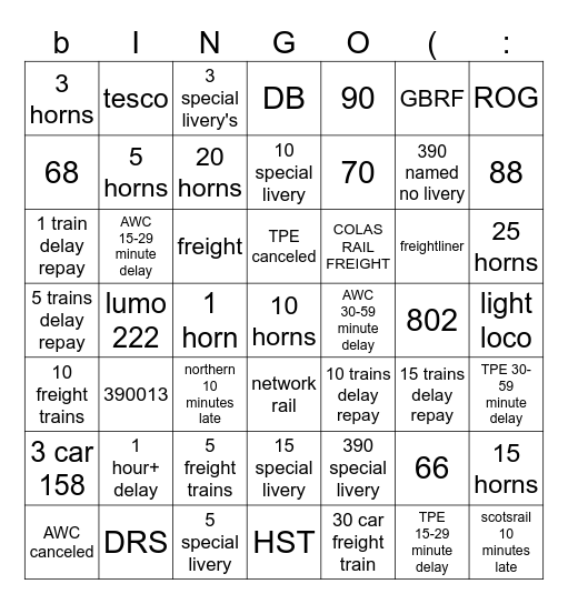 6 hour WCML train spotting (Carlisle) Bingo Card