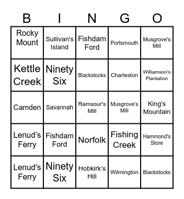 American Revolution: Southern Campaign Style Bingo Card