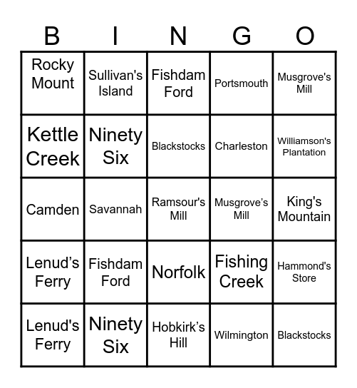 American Revolution: Southern Campaign Style Bingo Card
