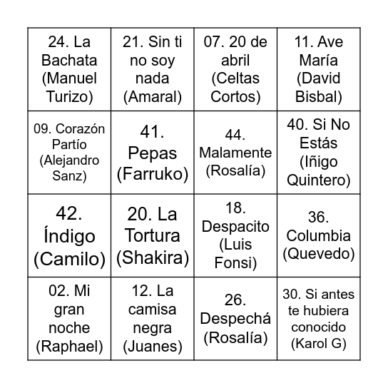 bingo musical Bingo Card