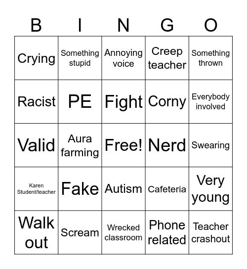 School crashout bingo Card