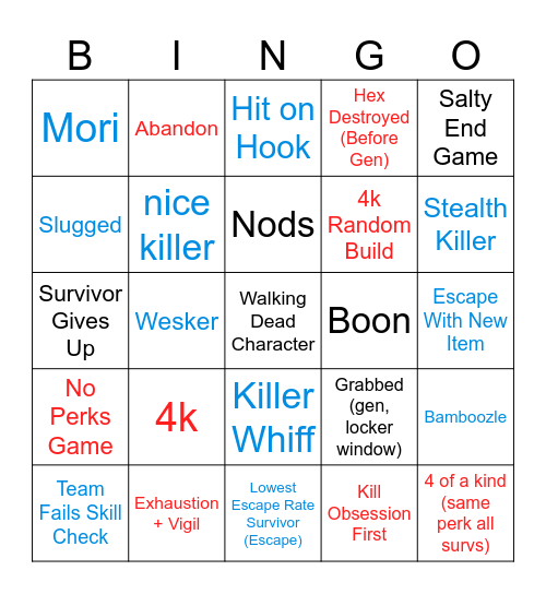 Dead by Daylight Bingo Card