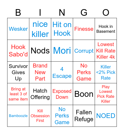 Dead by Daylight Bingo Card