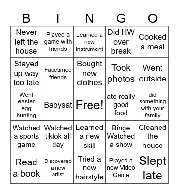 Spring Break Bingo Card