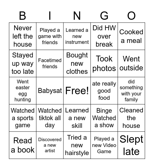 Spring Break Bingo Card