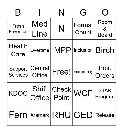 Corrections Week BINGO Card