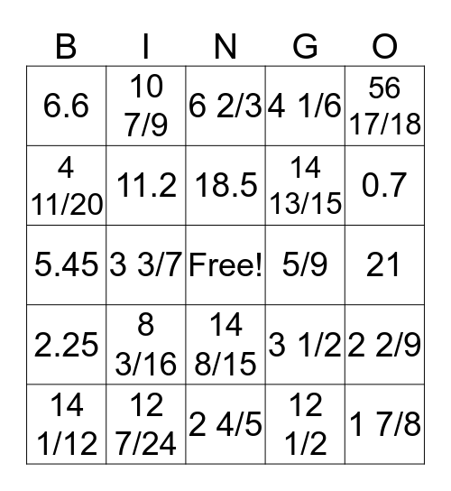 Fraction Computation Bingo Card