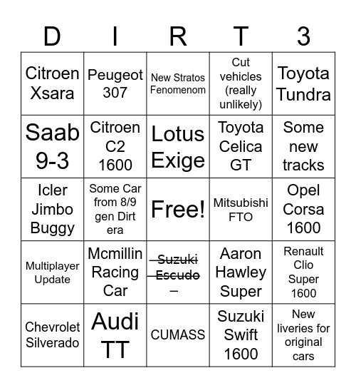 New Update Bingo Card