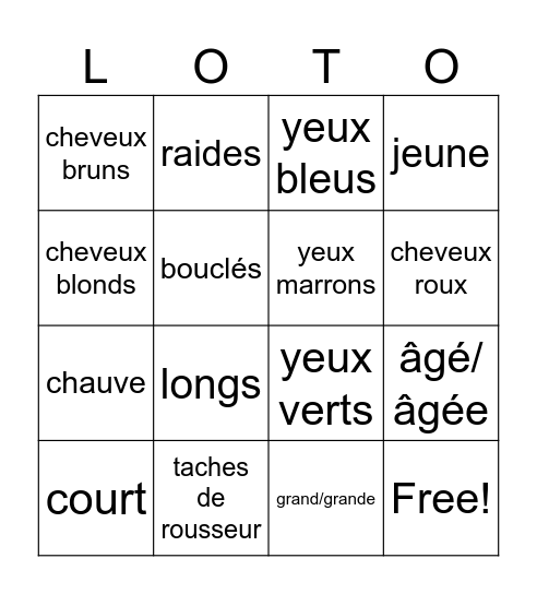 French Physical Appearance Bingo Card
