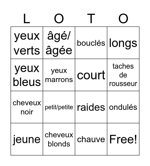 Physical Appearance Bingo Card