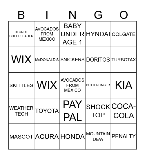 2017 SUPER BOWL BINGO Card