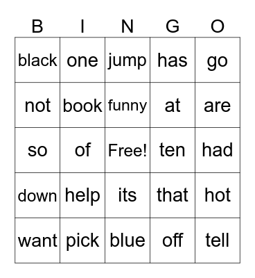 kindergarten Bingo Card