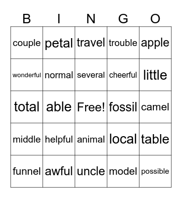 Schwa + /l/ Bingo Card