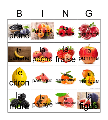 Les fruits en français Bingo Card