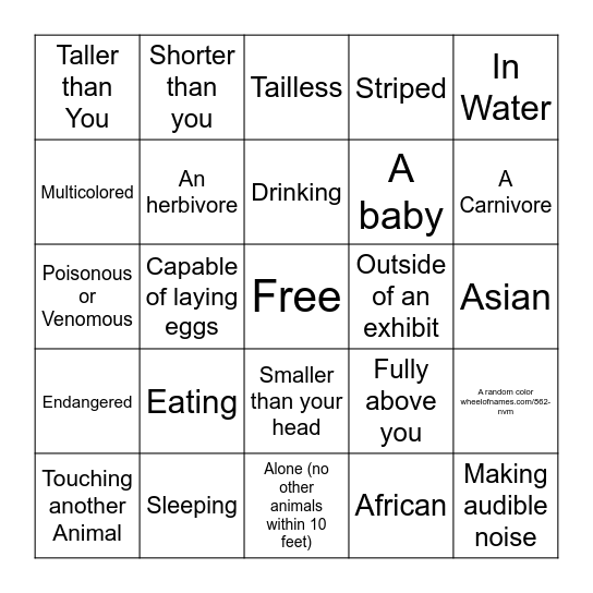 Find a non-human animal that is... Bingo Card
