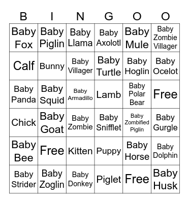 Minecraft Baby Mobs Bingo Card