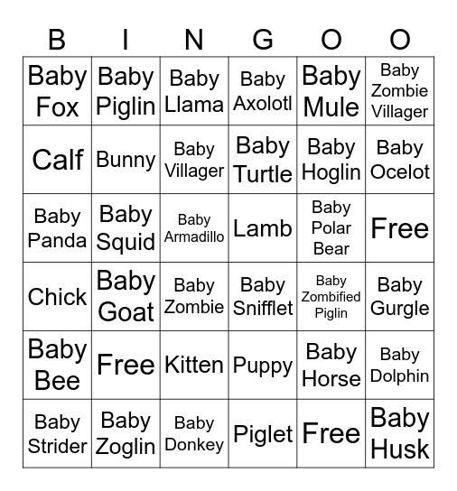 Minecraft Baby Mobs Bingo Card