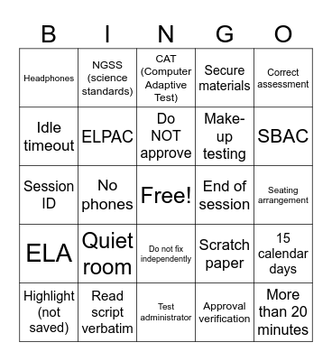 Test Security & Proctoring Bingo Card