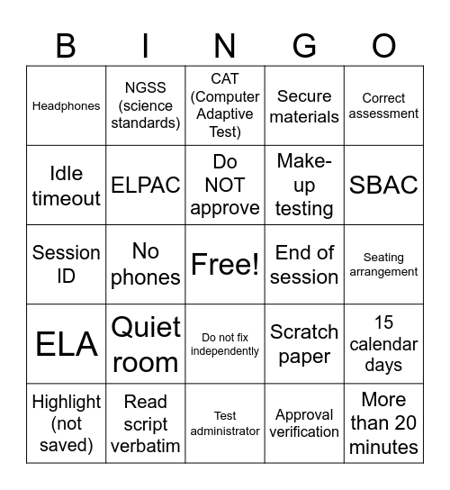 Test Security & Proctoring Bingo Card