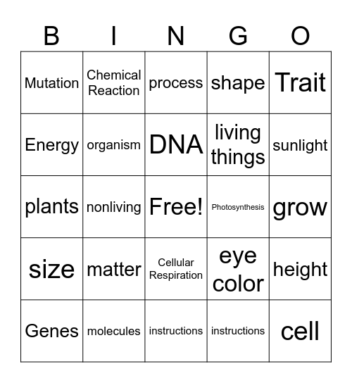 Matter and DNA Bingo Card