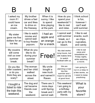 5th Grade Practice Bingo Card