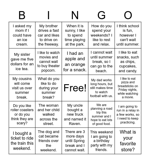 5th Grade Practice Bingo Card