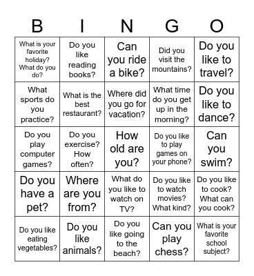 Getting to know you questions Bingo Card